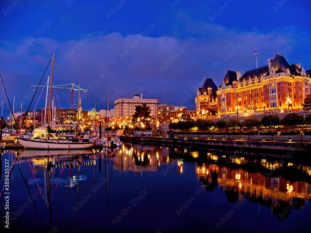 Inner Harbor in Victoria BC, Vancouver Island, Canada,decorated with festive lights during Christmas time