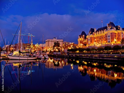 Inner Harbor in Victoria BC  Vancouver Island  Canada decorated with festive lights during Christmas time