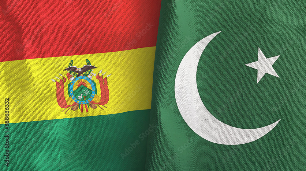 Pakistan and Bolivia two flags textile cloth 3D rendering Pakistan and Bolivia two flags textile cloth 3D rendering