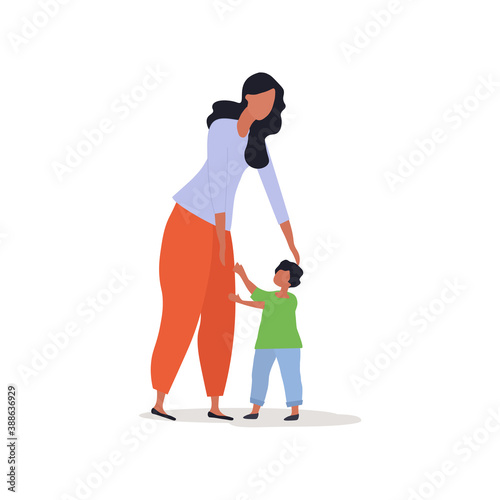 Mother with little child. Cartoon colorful characters. Concept of motherhood, love and relationships. Flat cartoon vector illustration with fictional chatacter isolated on white background