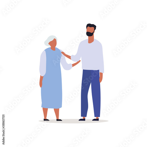 Elderly mother with adult son. Concept of motherhood, love and relationships. Flat cartoon vector illustration with fictional chatacters isolated on white background