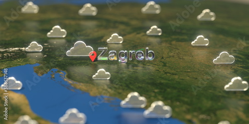 Cloudy weather icons near Zagreb city on the map, weather forecast related 3D rendering