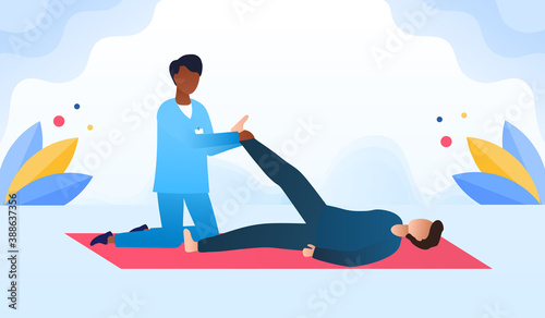Disabled man at orthopedic rehabilitation therapy at clinic. Masseur massaging the patients leg lying on the carpet. Concept of disabled rehabilitation, physiotherapy. Flat catoon vector illustration