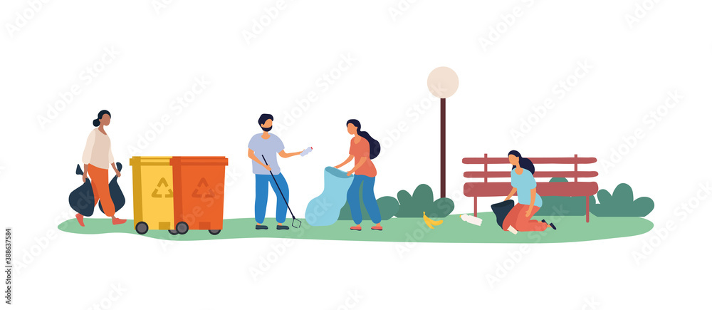 Volunteers Cleaning Rest Area in Green City Park from Garbage. Women and Men Putting Trash into Bags for Recycling. Nature and Environment Protection. Vector Flat Cartoon Illustration