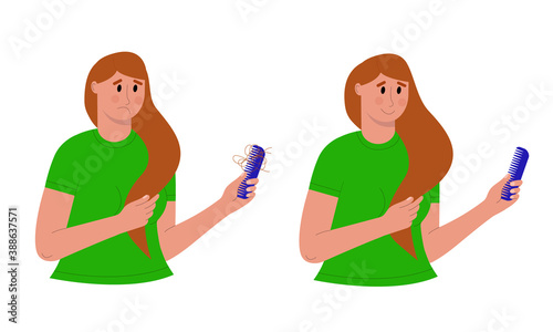 Hair loss or baldness problem before and after treatment or transplant. Sad and happy women holding comb with and without falling hair. Vector illustration.