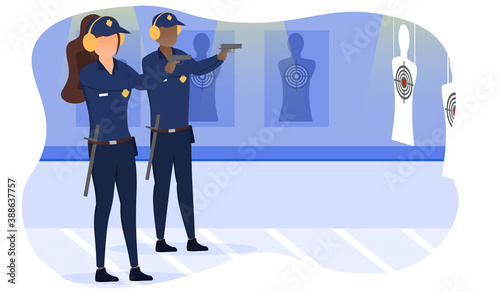 Diverse multiracial policemen training shooting targets in shooting range. Man and woman in uniform holding weapons and shooting into aims. Flat cartoon vector illustration with fictional characters