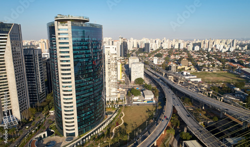 Aerial view of Jornalista Roberto Marinho avenue, near Ponte Estaiada (Estaiada bridge), in Sao Paulo city, Brazil. © Cifotart