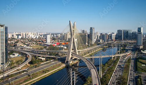 EstaiaCable-stayed bridge or Estaiada bridge (Ponte Estaiada), over the Pinheiros river and Marginal Pinheiros, at Sao Paulo city. Brazil.
