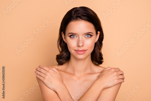 Close up photo beautiful natural she her lady hands arms touch herself shoulder skin healthy soft silky shiny ideal condition banner breast cancer protection wear no clothes isolated beige background