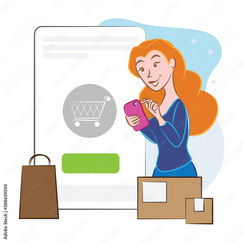 Woman shopping online, woman with boxes and shopping bag, woman using a smartphone, e-commerce, vector illustration Woman shopping online, woman with boxes and shopping bag, woman using a smartphone, e-commerce, vector illustration