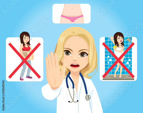 Senior doctor woman giving advice for c section care prohibiting lifting heavy objects and taking long shower