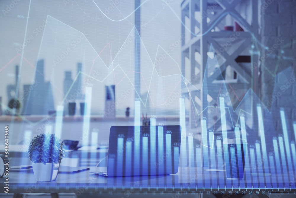 Obraz premium Double exposure of stock market graph drawing and office interior background. Concept of financial analysis.