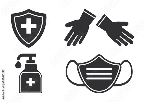 Disinfection vector set. Virus prevention icons. Face medical mask, gloves, hand sanitizer bottle. Black silhouetes on white background. Medical illustration