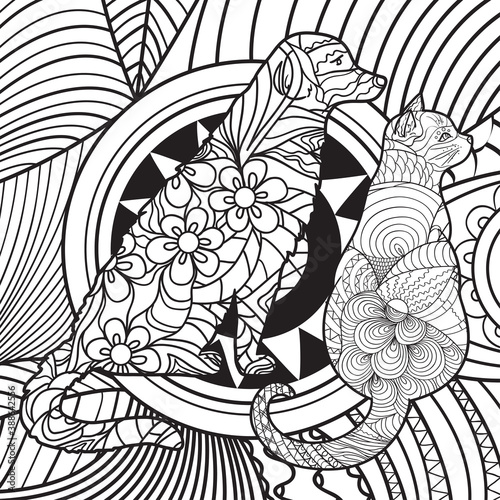 Patterned dog and cat on abstract square shape. Hand drawn abstract pattern. Black and white illustration