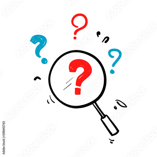 hand drawn magnifying glass and looking through it at interrogation points. Concept of frequently asked questions, query, investigation, search for information in doodle style vector