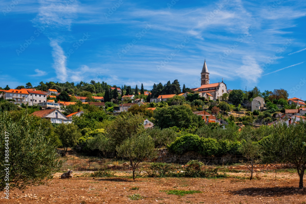 Panoramic view of Nerezisca village on Brac island, Dalmatia, Croatia. August 2020