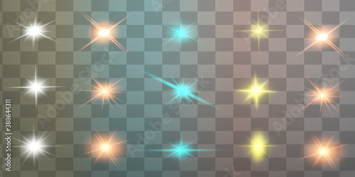 Colorful realistic special effects. The explosions and glowing particles of light. Isolated on a transparent background. Vector illustration.