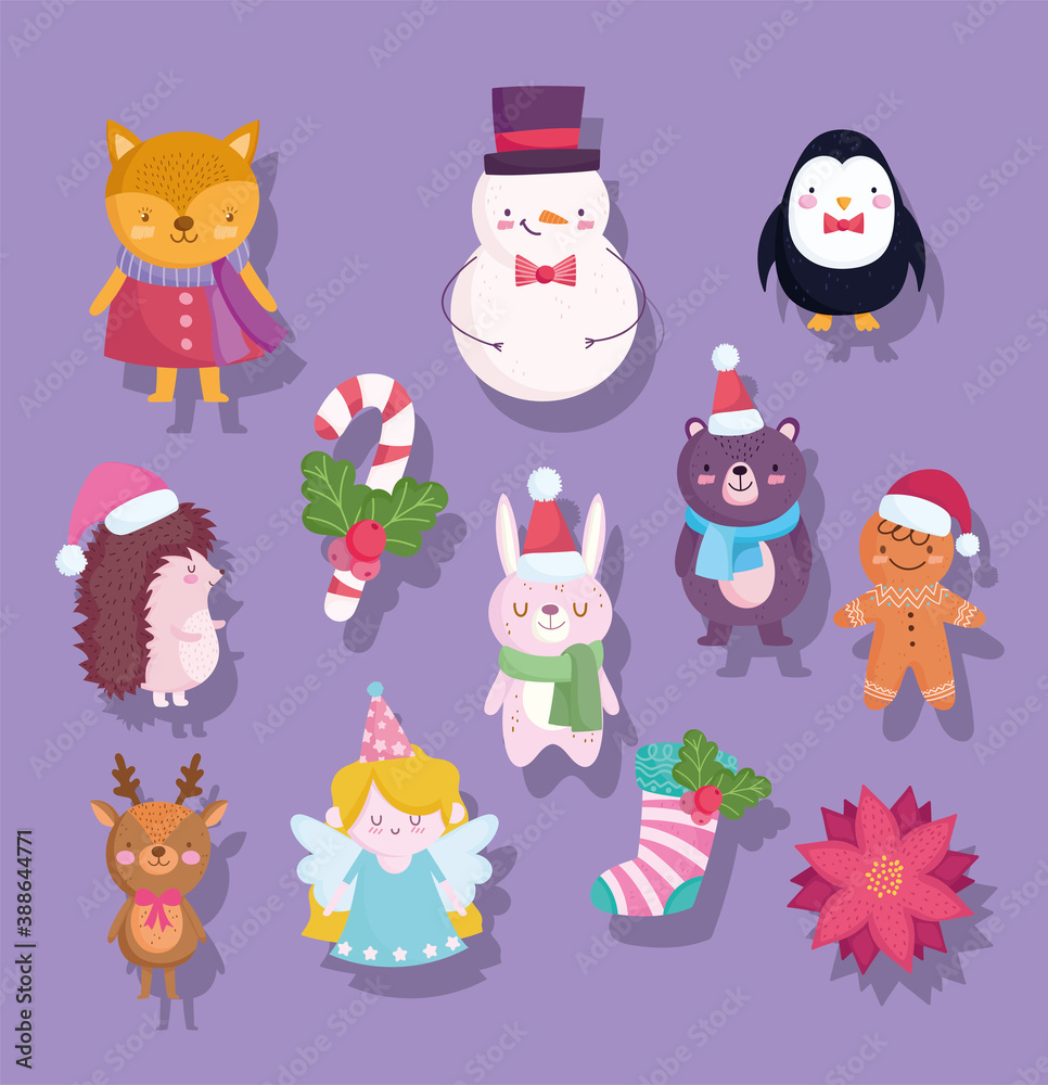 merry christmas, cute snowman bear penguin deer bunny fox flower sock cartoon icons