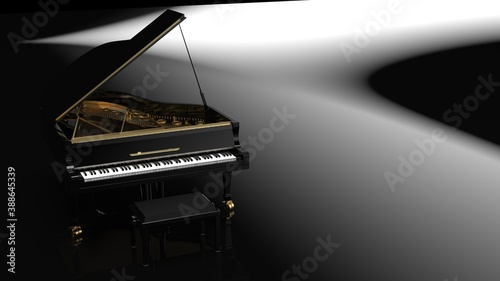 Black-Gold Grand Piano. 3D illustration. 3D illustration. 3D high quality rendering. 3D CG.
