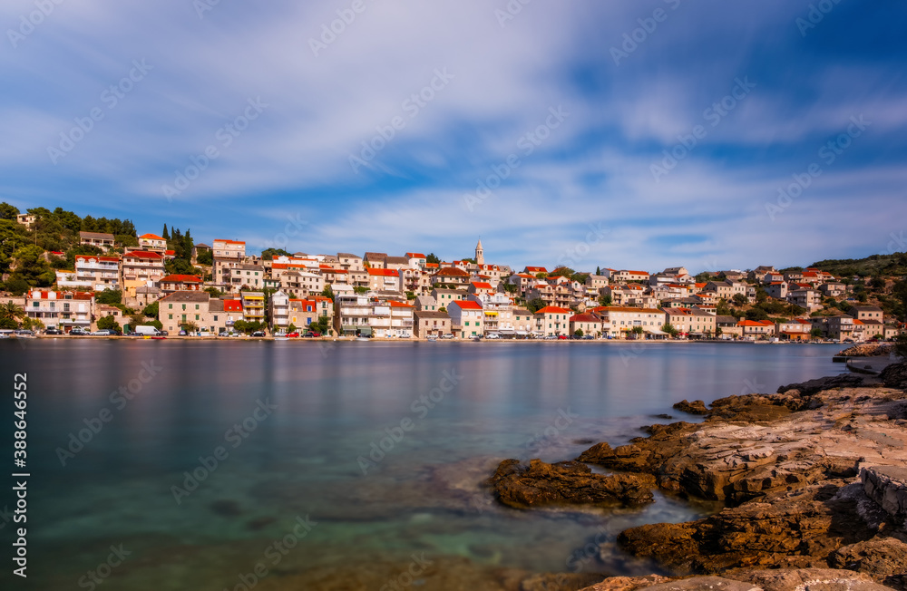 Povlja - old Adriatic town on Brac island in Croatia. August 2020. Long exposure picture.