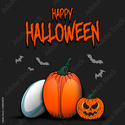 Happy Halloween. Template rugby design. Rugby balls in the form of a pumpkins on an isolated background. Pattern for banner, poster, greeting card, flyer, party invitation. Vector illustration