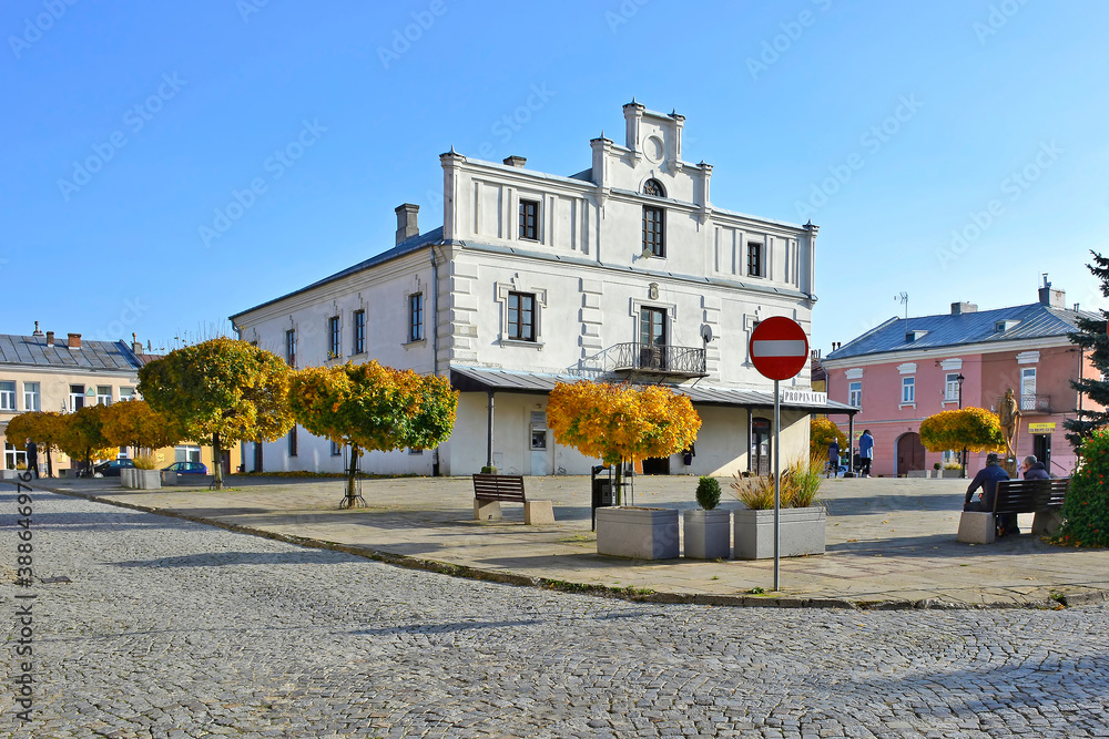 Views of a fragment of the market square in Dukla, Poland - obrazy, fototapety, plakaty 