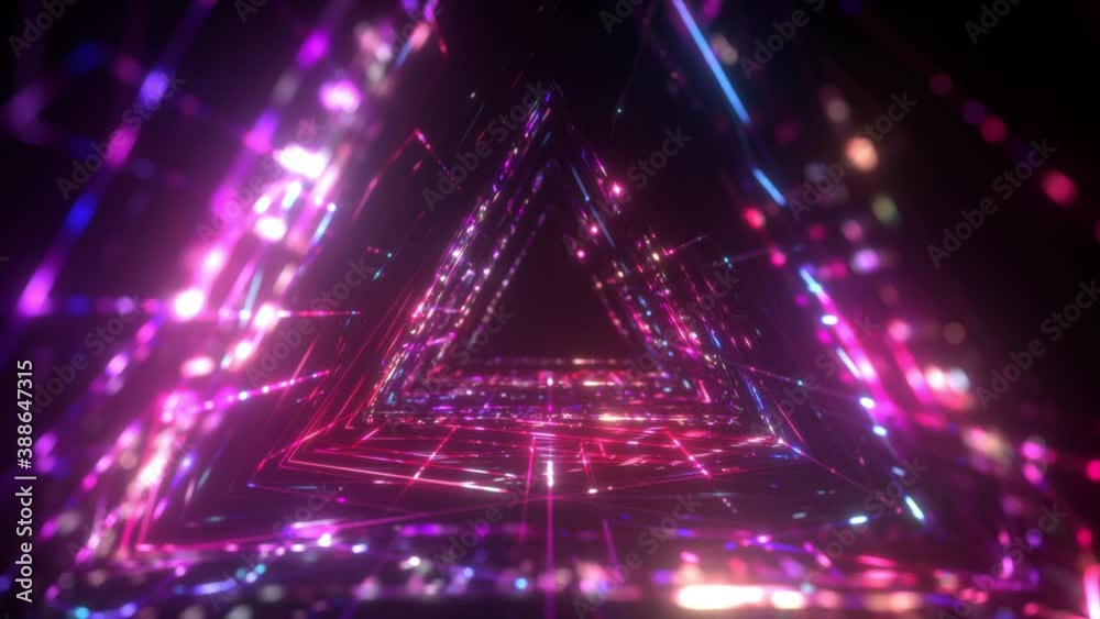 Triangle Neon tunnel. Futuristic interface pattern. Glowing hi technology texture. Abstract motion background. Cyber punk concept. Seamless loop. Pink and violet colors. 4K