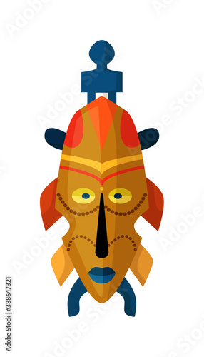 Carved mask. Aztec or inca warrior mask isolated on white background. Vector tribal disguise ethnic indigenous masque illustration