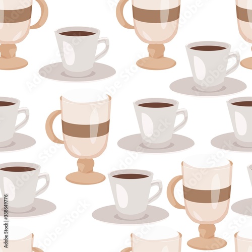 Seamless pattern with hand drawn sketchy tea and coffee cups.