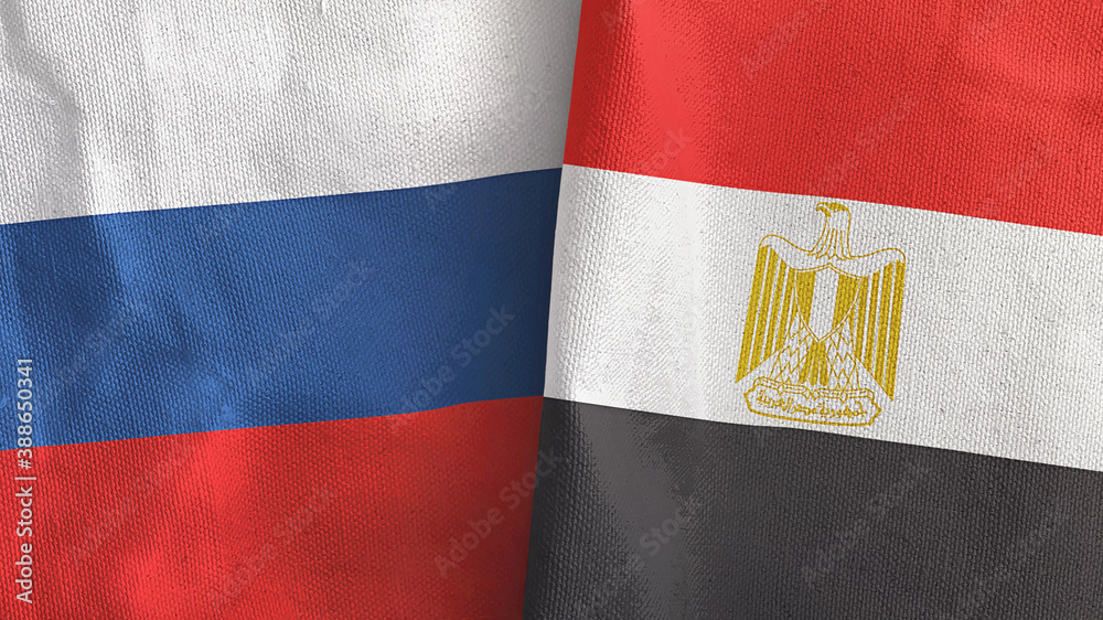 Egypt and Russia two flags textile cloth 3D rendering