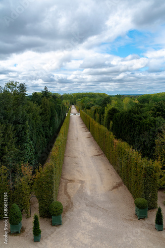 A long hallway in the forest surrounding the Palace of Versailles in France leads off into the distance on a mostly cloudy day.