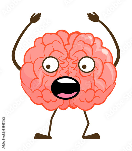 Shocked brain emoticon screaming holding head on white