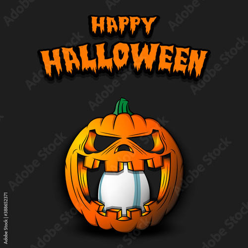 Happy Halloween. Rugby ball inside frightening pumpkin. The pumpkin swallowed the ball with burning eyes. Design template for banner, poster, greeting card, party invitation. Vector illustration