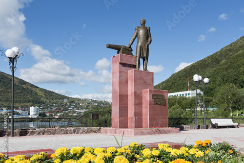 PETROPAVLOVSK-KAMCHATSKY, KAMCHATKA, RUSSIA - SEP 07, 2015: View of the monument to the first Military Governor of Kamchatka V. S. Zavoiko in city of Petropavlovsk-Kamchatsky in the Russian Far East. photo