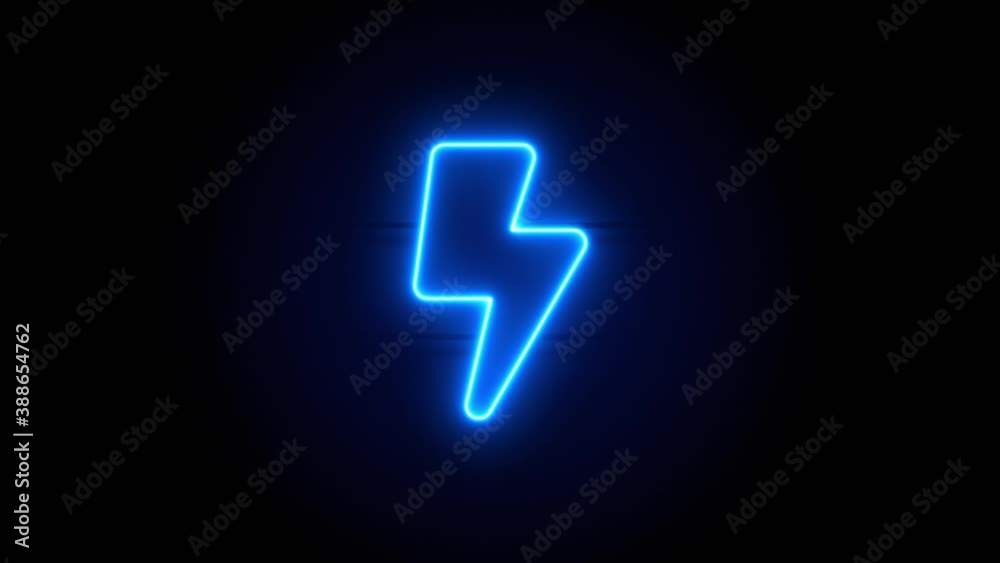 Lightning Bolt neon sign appear in center and disappear after some time. Animated blue neon symbol on black background. Looped animation. Lightning Bolt neon sign appear in center and disappear after some time. Animated blue neon symbol on black background. Looped animation.
