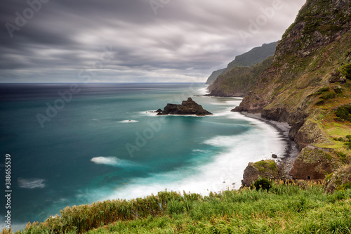 Coastal scenery from Ponta Delgada viewpoint and steep cliffs in Madeira island, Portugal