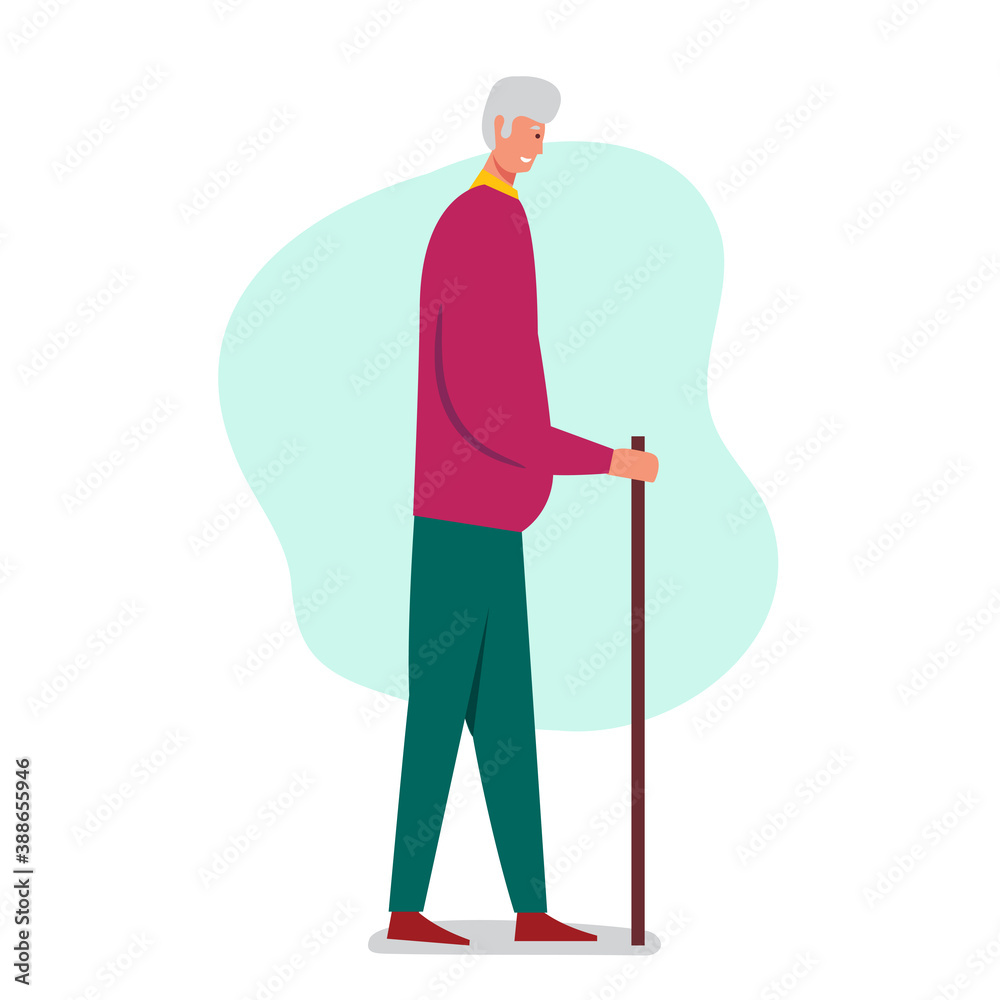 Fototapeta premium Grandpa walked using a cane vector illustration in flat style
