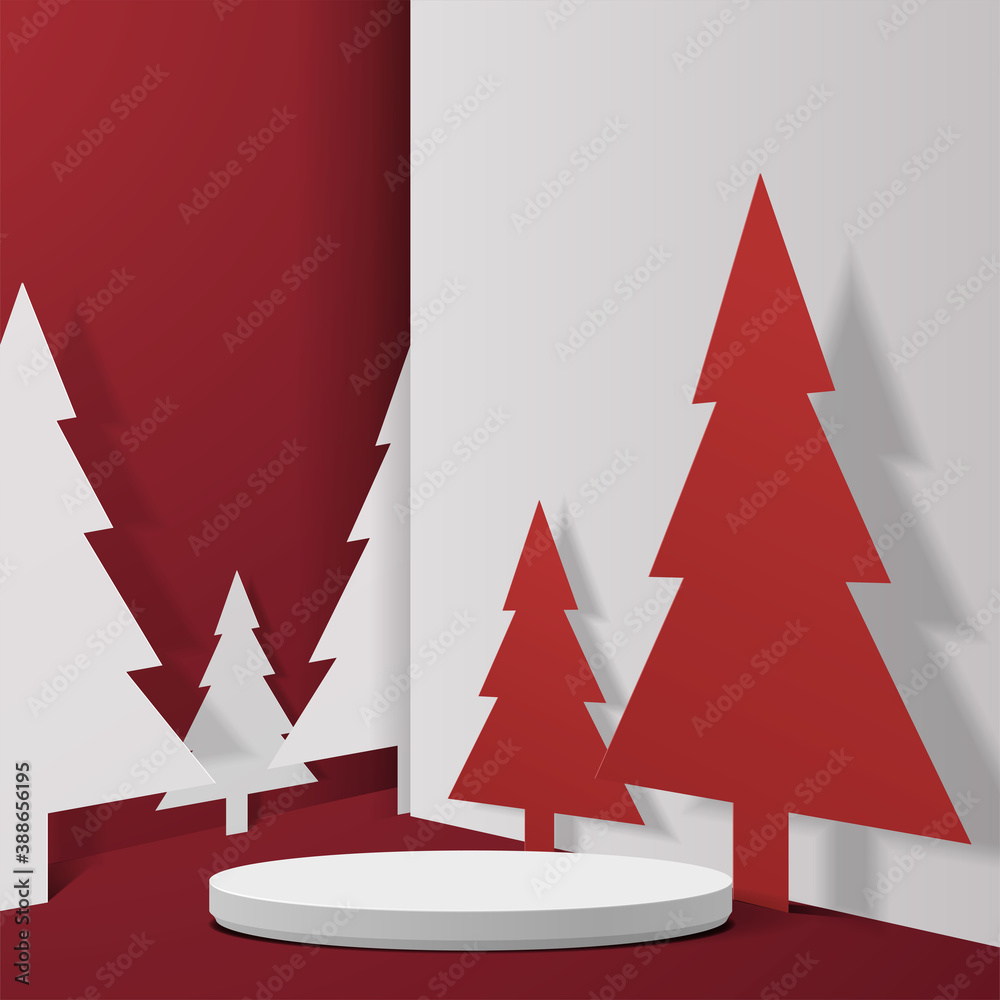 Abstract minimal mock up scene. geometry podium shape for show cosmetic product display. stage pedestal or platform. winter christmas red background with tree xmas. 3D vector