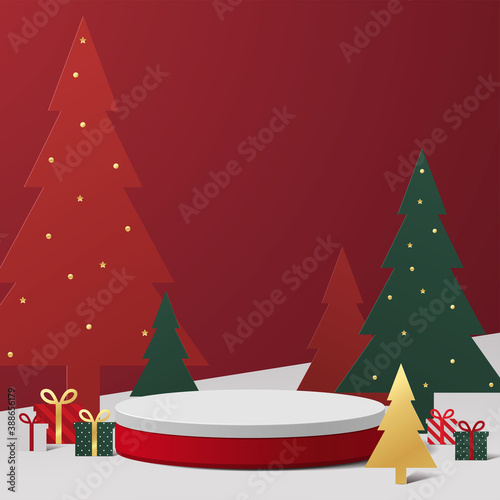 Abstract minimal mock up scene. geometry podium shape for show cosmetic product display. stage pedestal or platform. winter christmas red background with tree xmas. 3D vector