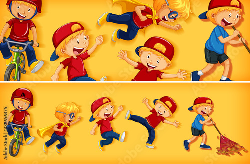 Set of different kid characters on yellow color background