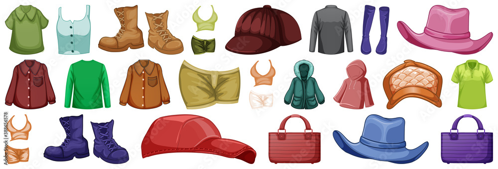 Set of fashion outfits and accessories on white background Set of fashion outfits and accessories on white background