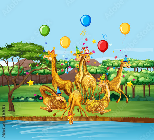 Giraffe group in party theme cartoon character on forest background