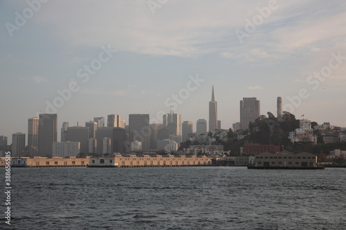 View of San Francisco skyline from Alcatraz Island under sunset in San Francisco  California  USA.