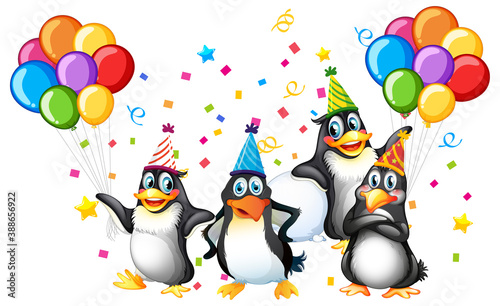 Penguins group in party theme cartoon character on white background