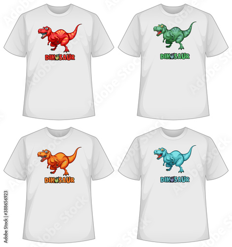 Set of different colour dinosaur screen on t-shirts