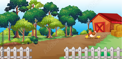 Farm in nature scene with barn and little chicken