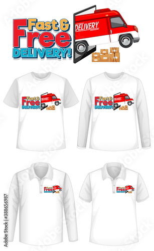 Set of different types of shirts with fast and free delivery logo screen on shirts