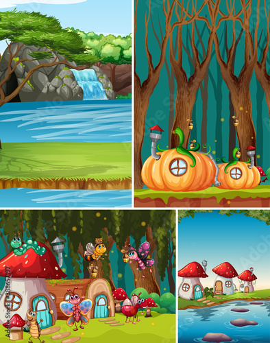 Six different scene of fantasy world with beautiful fairies in the fairy tale and water fall scene and fantasy houses © GraphicsRF