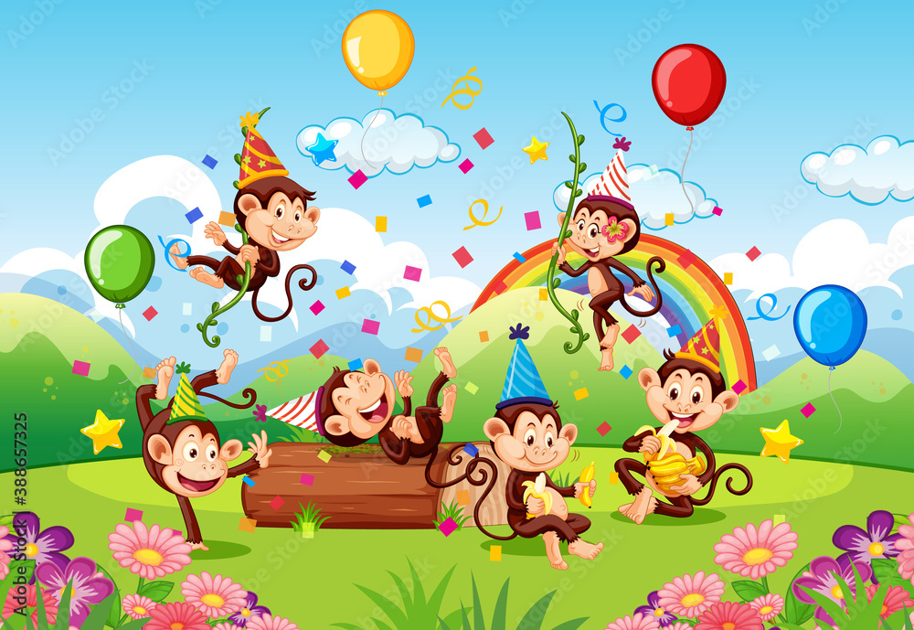 Many monkeys in party theme in nature forest background Many monkeys in party theme in nature forest background