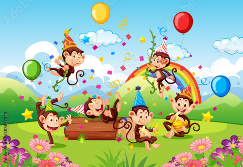 Many monkeys in party theme in nature forest background